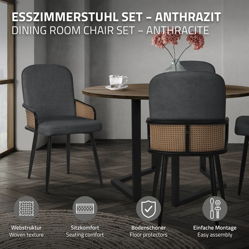 Esszimmerstühle 6er Set Anthrazit mit Arm- & Rückenlehne, Polsterstühle für Esszimmer & Küche ML-Design