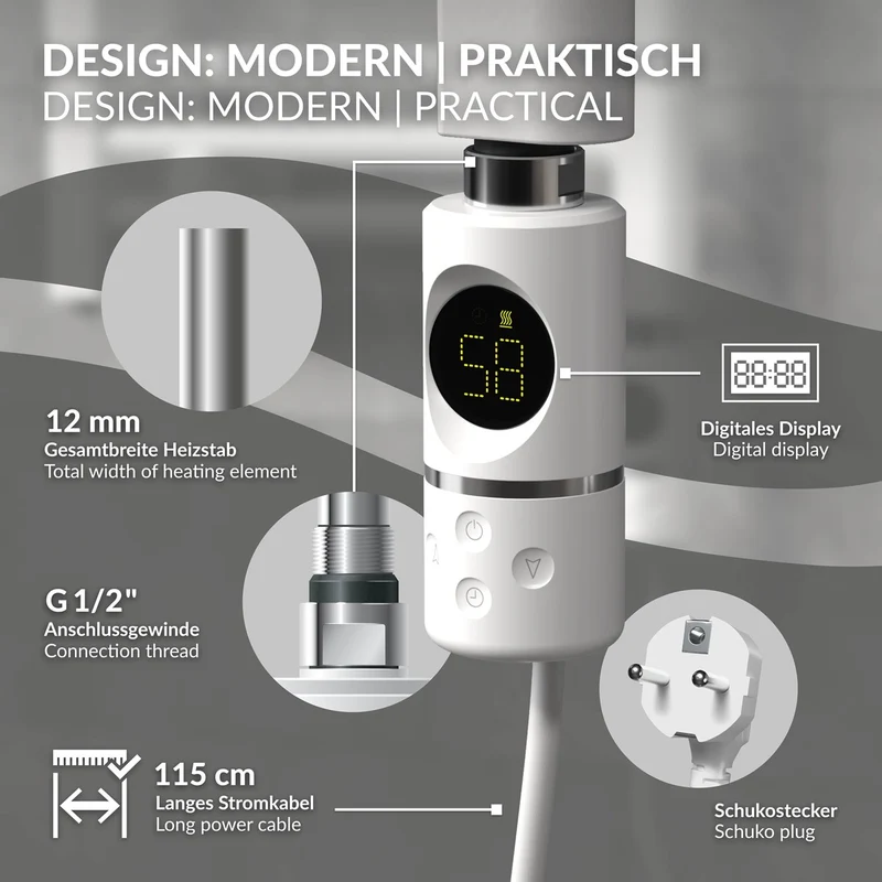 Elektrischer Badheizkörper mit Heizstab 600W 500x800 mm Weiß gebogen Seitenanschluss & Thermostat LuxeBath