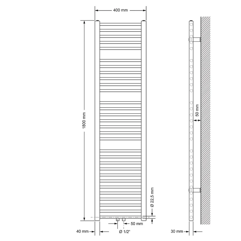 Badheizkörper Mittelanschluss 400x1800 mm Weiß gerade mit Boden Anschlussgarnitur LuxeBath