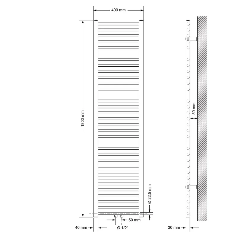 Badheizkörper Mittelanschluss 400x1800 mm Weiß gerade inkl. Montagematerial LuxeBath