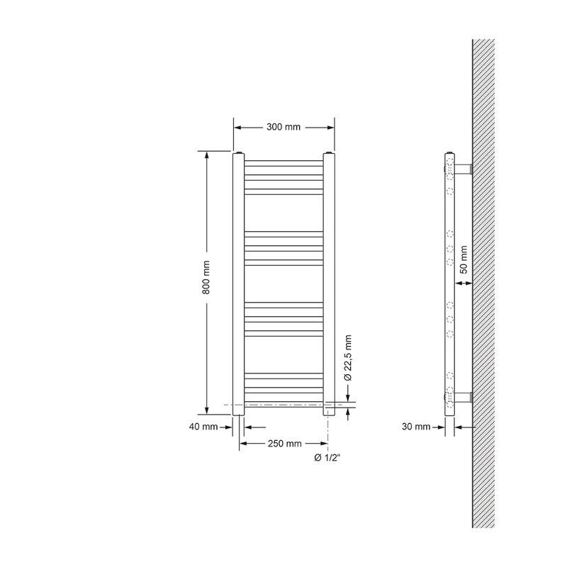 Badheizkörper Sahara 300x800 mm Anthrazit gerade mit Seitenanschluss LuxeBath