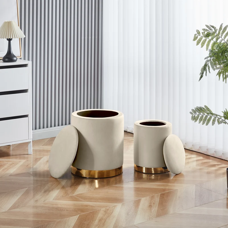 Set Di 2 Pouf Contenitori In Velluto Tondo con Coperchio Rimovibile Il Gruppone