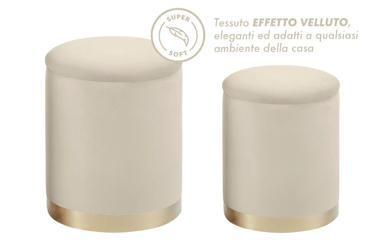Set Di 2 Pouf Contenitori In Velluto Tondo con Coperchio Rimovibile Il Gruppone