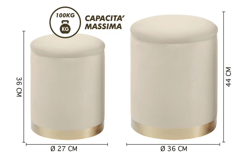 Set Di 2 Pouf Contenitori In Velluto Tondo con Coperchio Rimovibile Il Gruppone