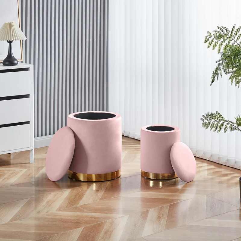 Set Di 2 Pouf Contenitori In Velluto Tondo con Coperchio Rimovibile Il Gruppone