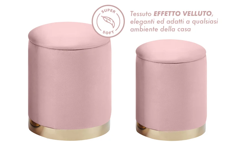 Set Di 2 Pouf Contenitori In Velluto Tondo con Coperchio Rimovibile Il Gruppone