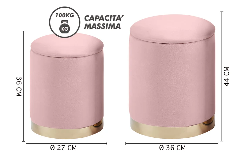 Set Di 2 Pouf Contenitori In Velluto Tondo con Coperchio Rimovibile Il Gruppone