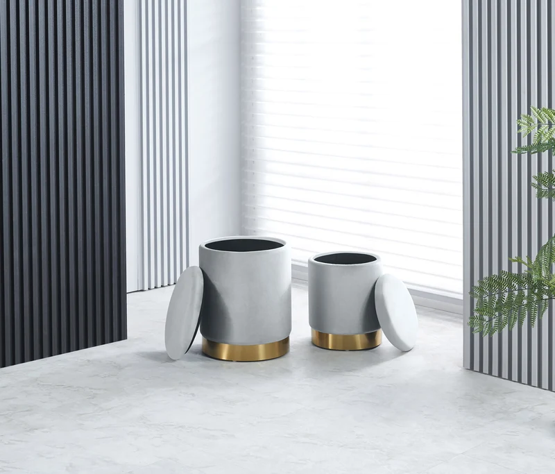Set Di 2 Pouf Contenitori In Velluto Tondo con Coperchio Rimovibile Il Gruppone