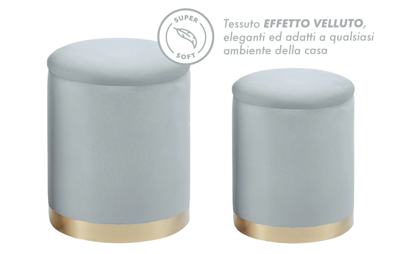 Set Di 2 Pouf Contenitori In Velluto Tondo con Coperchio Rimovibile Il Gruppone