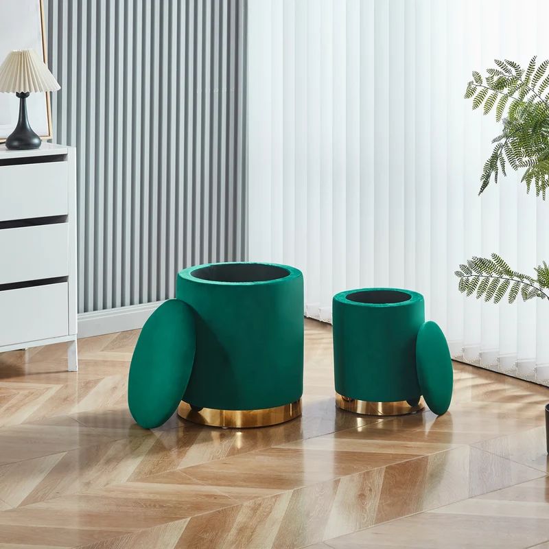 Set Di 2 Pouf Contenitori In Velluto Tondo con Coperchio Rimovibile Il Gruppone