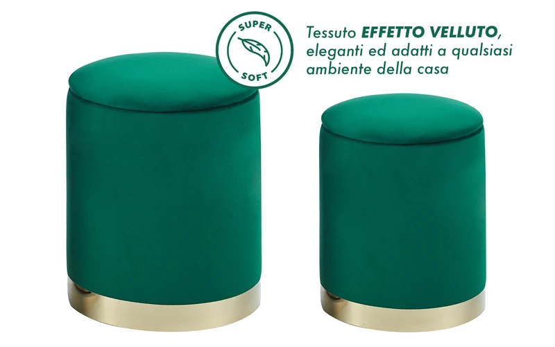 Set Di 2 Pouf Contenitori In Velluto Tondo con Coperchio Rimovibile Il Gruppone