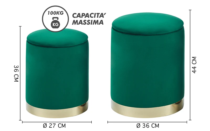 Set Di 2 Pouf Contenitori In Velluto Tondo con Coperchio Rimovibile Il Gruppone