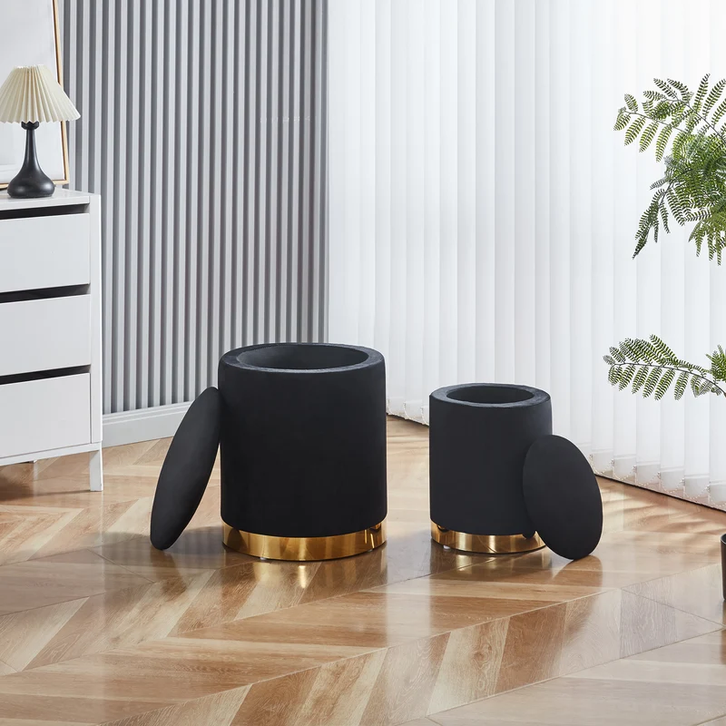 Set Di 2 Pouf Contenitori In Velluto Tondo con Coperchio Rimovibile Il Gruppone