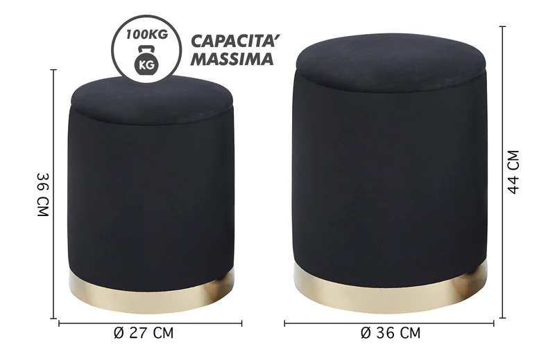 Set Di 2 Pouf Contenitori In Velluto Tondo con Coperchio Rimovibile Il Gruppone