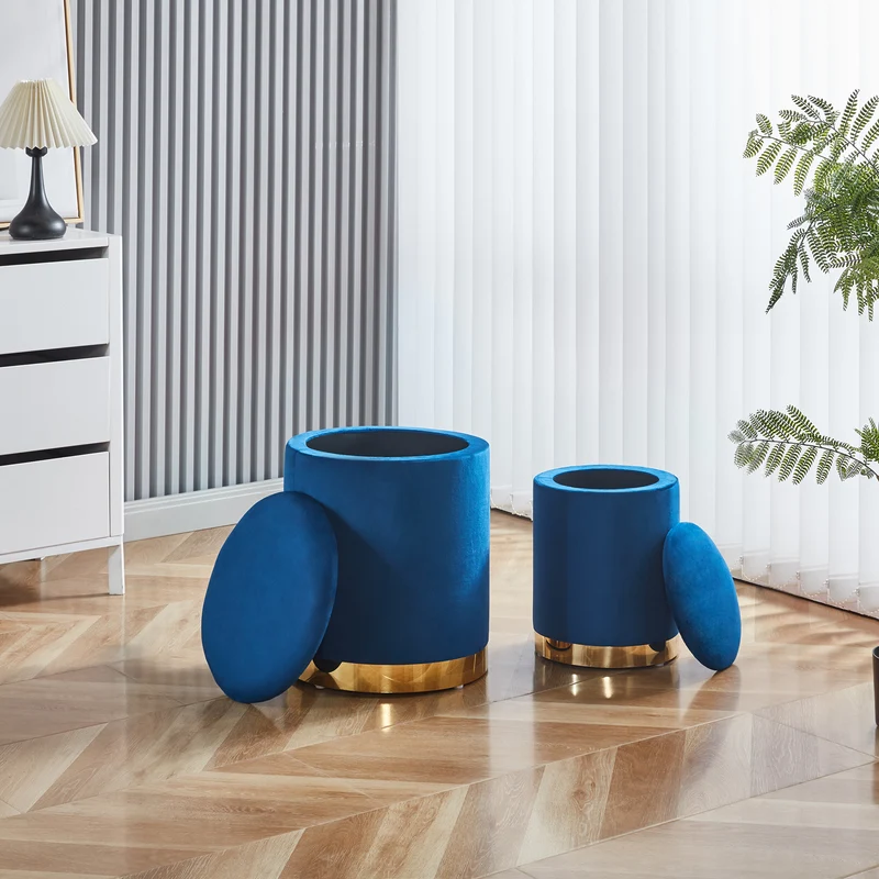 Set Di 2 Pouf Contenitori In Velluto Tondo con Coperchio Rimovibile Il Gruppone