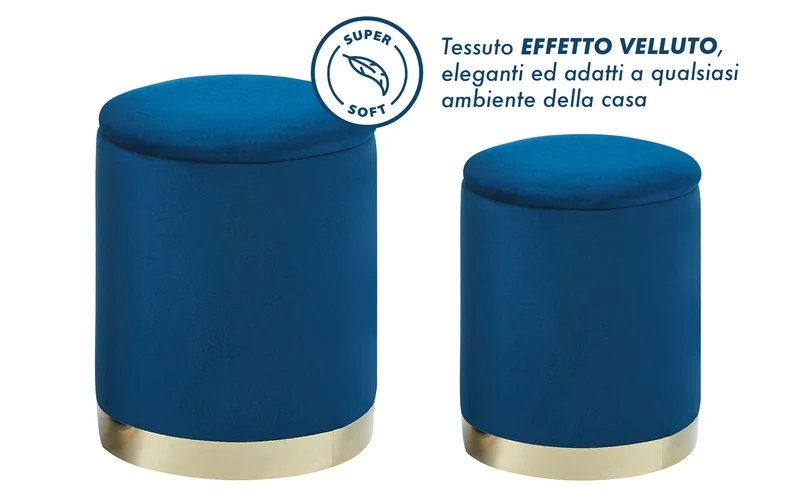 Set Di 2 Pouf Contenitori In Velluto Tondo con Coperchio Rimovibile Il Gruppone