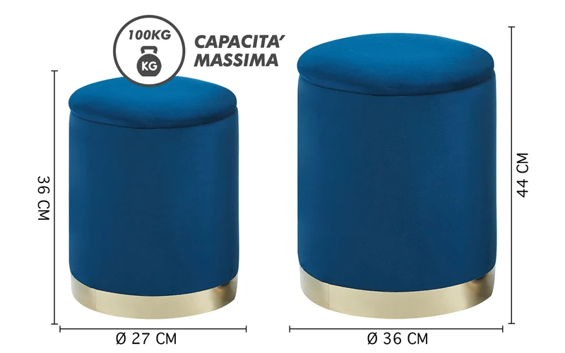 Set Di 2 Pouf Contenitori In Velluto Tondo con Coperchio Rimovibile Il Gruppone