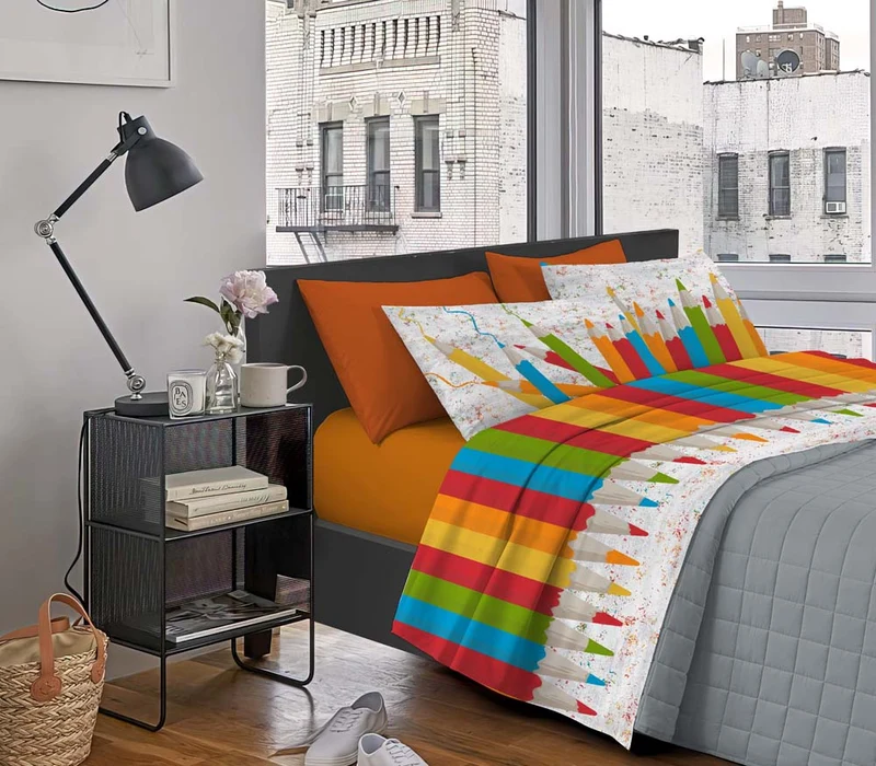 Completo Letto Stampato in Cotone Made in Italy Dis.Matite Il Gruppone
