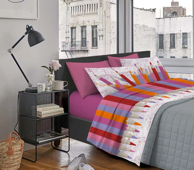Completo Letto Stampato in Cotone Made in Italy Dis.Matite Il Gruppone