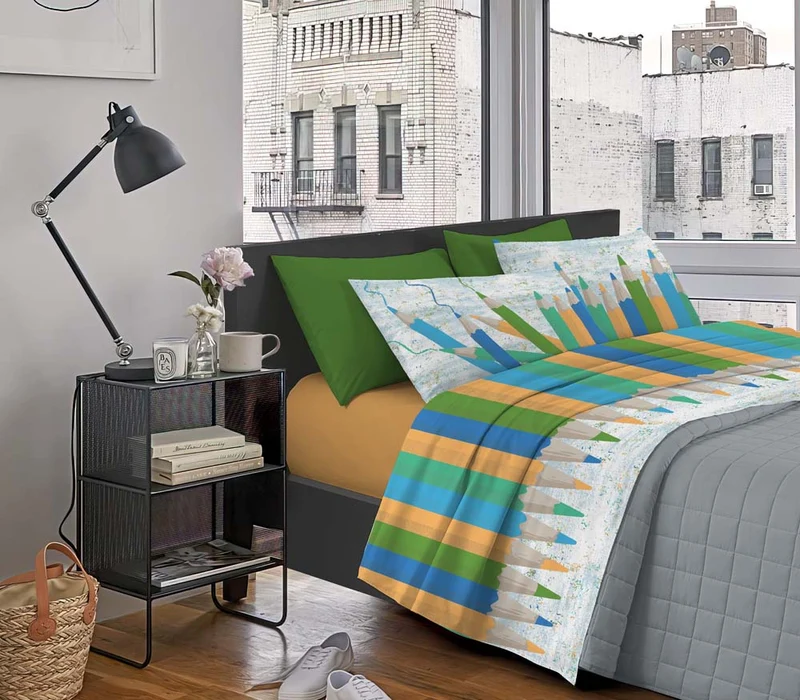 Completo Letto Stampato in Cotone Made in Italy Dis.Matite Il Gruppone