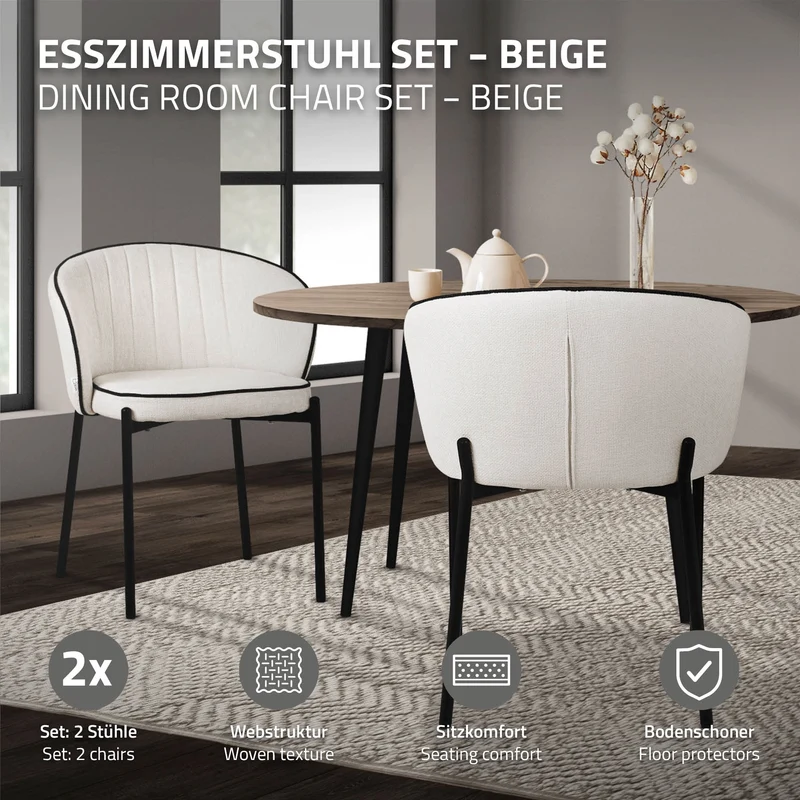 B-Ware 2er Set Esszimmerstühle mit Rücken- & Armlehne Beige mit Metallbeinen bis 120 kg ML-Design