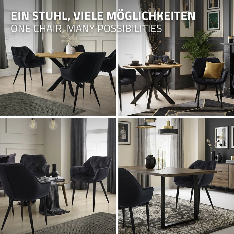 B-Ware Esszimmerstuhl 2er Set mit Rücken- und Armlehnen Schwarz Küchenstuhl mit Microfaser-Samtbezug ML-Design