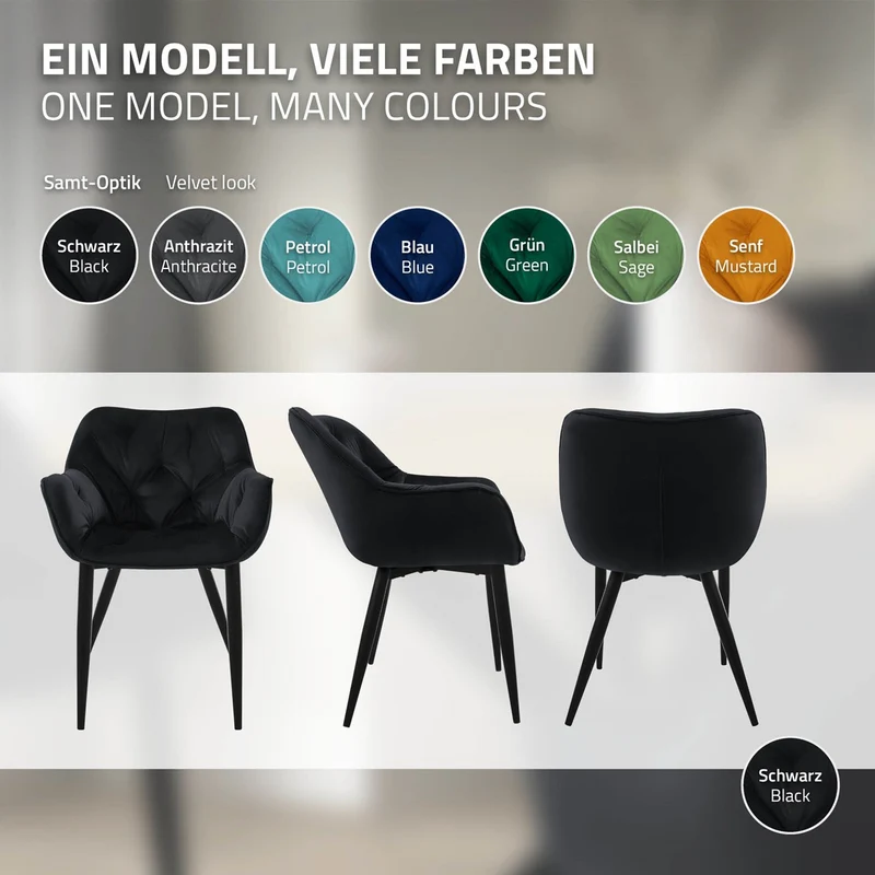 B-Ware Esszimmerstuhl 2er Set mit Rücken- und Armlehnen Schwarz Küchenstuhl mit Microfaser-Samtbezug ML-Design