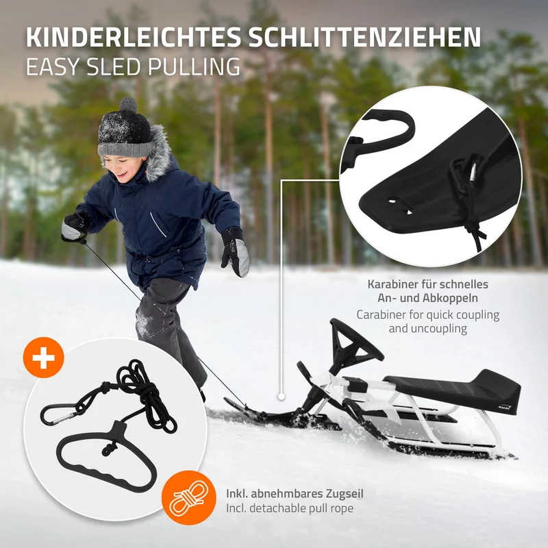 ECD Germany | Lenkschlitten mit Lenkrad, Fußbremse, Zugseil, Sitz mit Rückenlehne, für Kinder ab 5 Jahre und Erwachsene bis 90kg