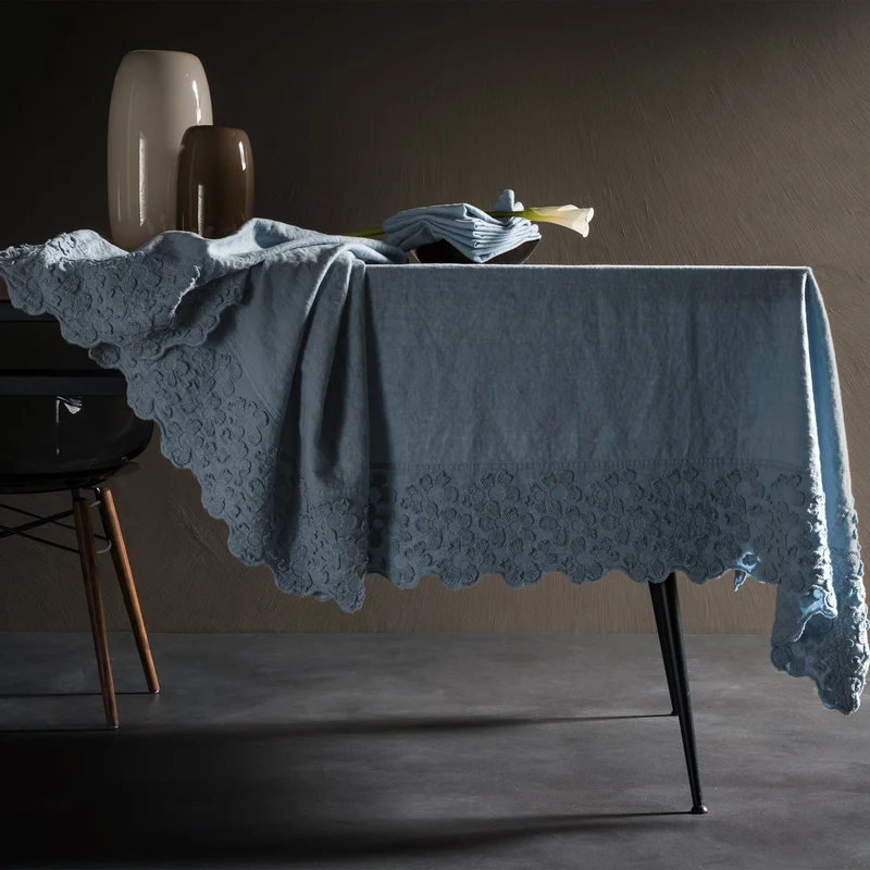 Tovaglia in puro Lino Stonewashed con balza Ricamata - Primula
