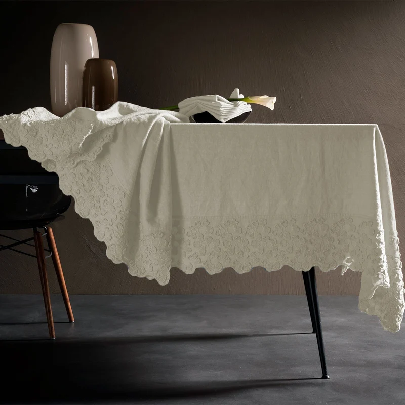 Tovaglia in puro Lino Stonewashed con balza Ricamata - Primula