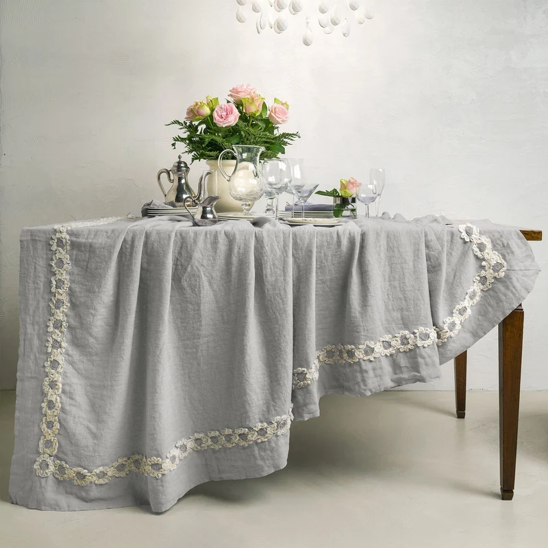 Tovaglia in puro Lino Stonewashed con inserto floreale - Peonie