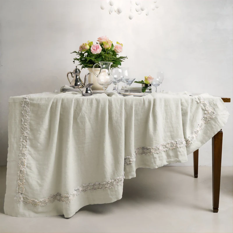 Tovaglia in puro Lino Stonewashed con inserto floreale - Peonie