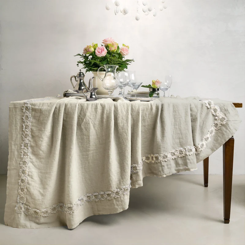 Tovaglia in puro Lino Stonewashed con inserto floreale - Peonie