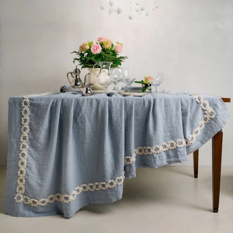 Tovaglia in puro Lino Stonewashed con inserto floreale - Peonie