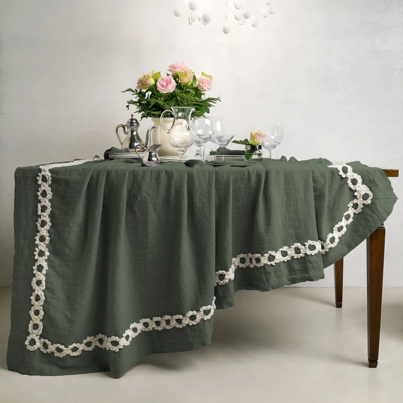 Tovaglia in puro Lino Stonewashed con inserto floreale - Peonie