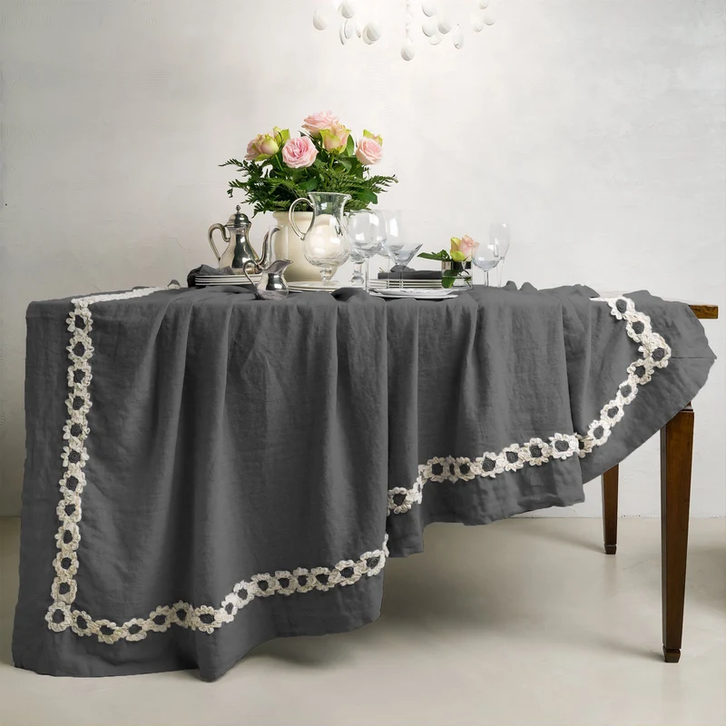 Tovaglia in puro Lino Stonewashed con inserto floreale - Peonie