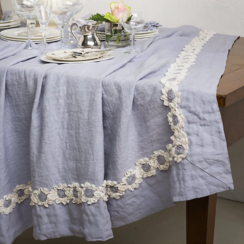 Tovaglia in puro Lino Stonewashed con inserto floreale - Peonie
