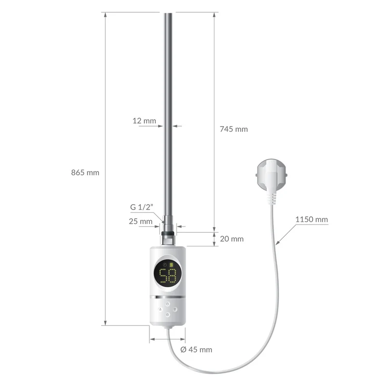 Elektrischer Badheizkörper mit Heizstab 900W 600x1200 mm Weiß gerade Seitenanschluss & Thermostat LuxeBath