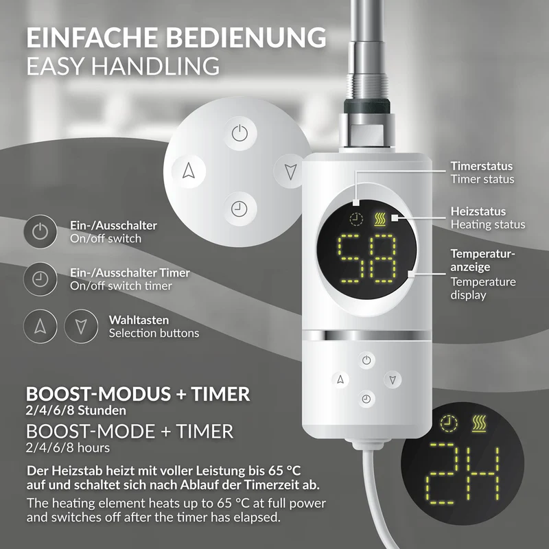 Elektrischer Badheizkörper mit Heizstab 900W 600x1200 mm Weiß gerade Seitenanschluss & Thermostat LuxeBath