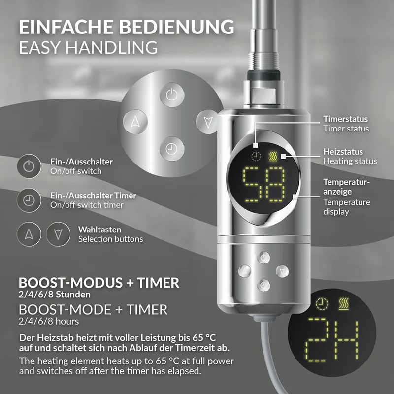 Elektrischer Badheizkörper mit Heizstab 300W 500x800 mm Chrom gebogen Seitenanschluss & Thermostat LuxeBath