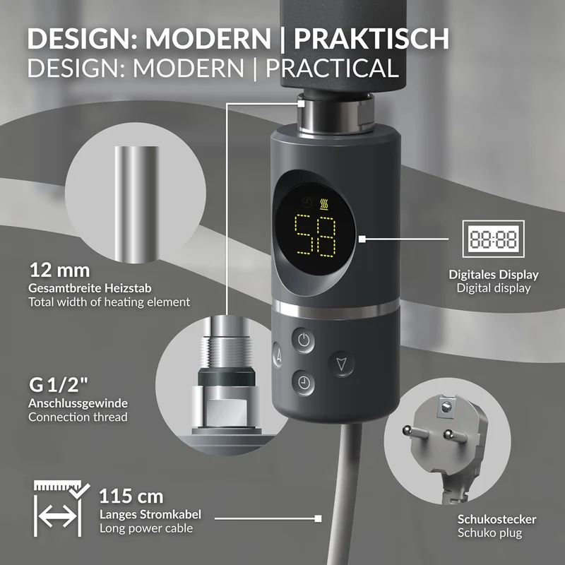 Elektrischer Badheizkörper mit Heizstab 900W 500x1500 mm Anthrazit gebogen mit Seitenanschluss & Thermostat Digitalanzeige LuxeBath