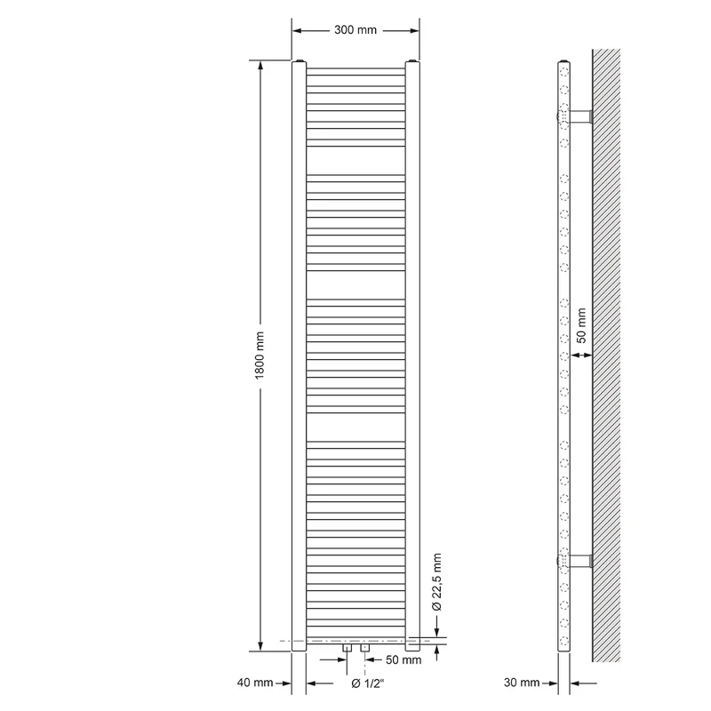 Badheizkörper Mittelanschluss 300x1800 mm Weiß gerade mit Universale Anschlussgarnitur LuxeBath