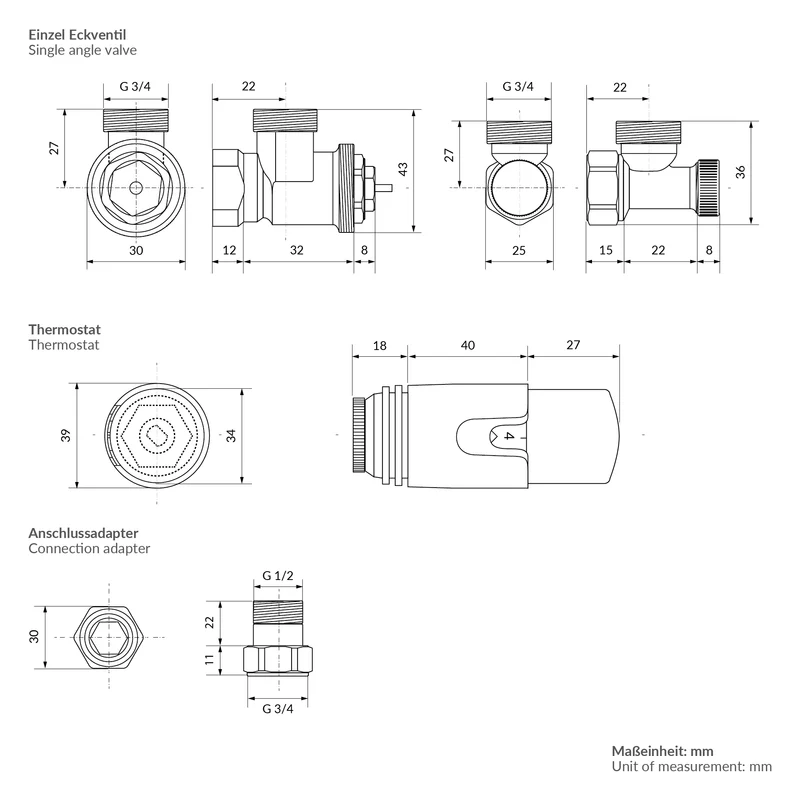 Badheizkörper 500x1200 mm Weiß gerade, Seitenanschluss, mit integriertem Thermostatventil LuxeBath