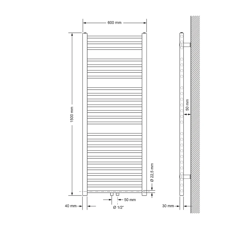 Badheizkörper Sahara 600x1500 mm Schwarz gerade mit Boden Thermostatventil LuxeBath