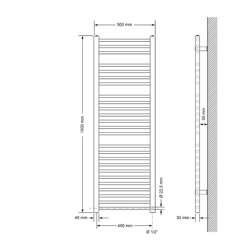 Badheizkörper Sahara 500x1500 mm Weiß gerade mit Seitenanaschluss