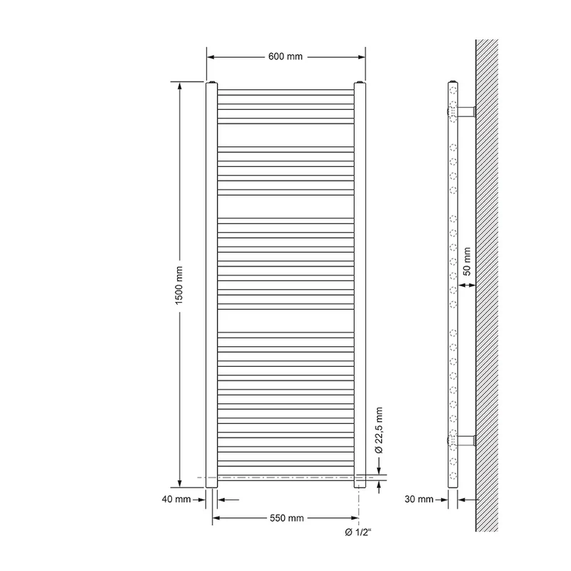 Badheizkörper Sahara 600x1500 mm Chrome gerade mit Seitenanschluss LuxeBath