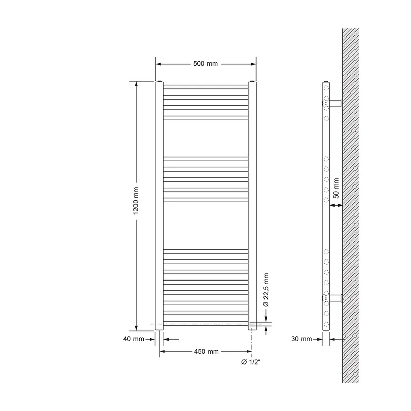 Badheizkörper Sahara 500x1200 mm weiß gerade mit Seitenanschluss LuxeBath