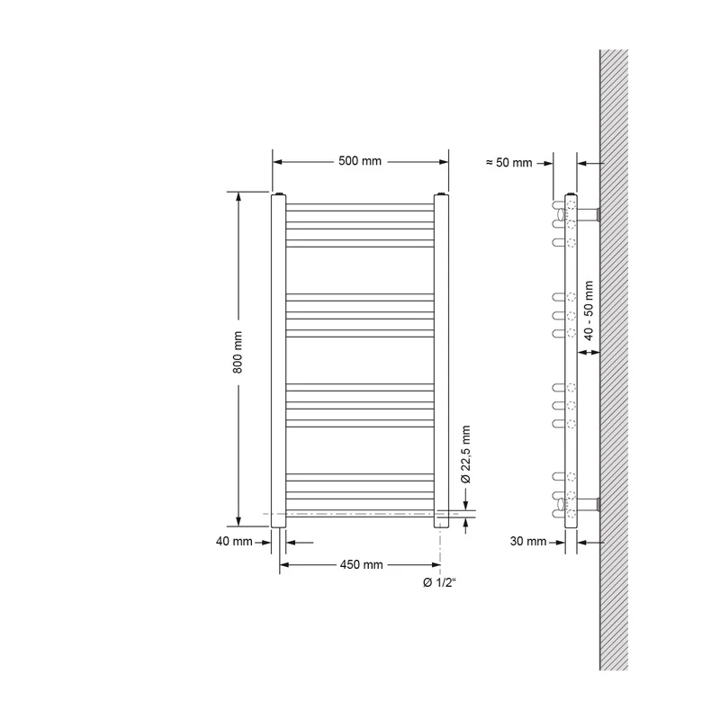 Elektrischer Badheizkörper mit Heizstab 600W 500x800 mm Chrom gebogen Seitenanschluss & Thermostat LuxeBath