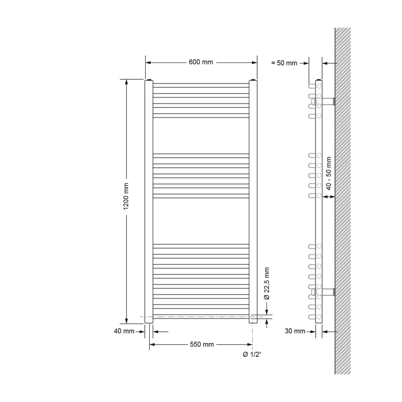 Elektrischer Badheizkörper mit Heizstab 900W 600x1200 mm Chrom gebogen Seitenanschluss & Thermostat LuxeBath