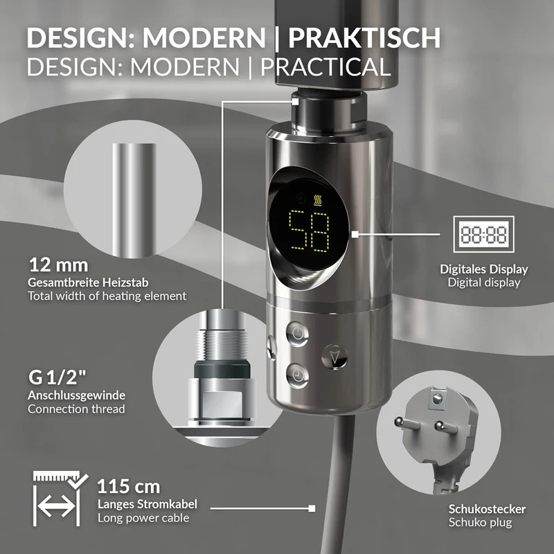 Elektrischer Badheizkörper mit Heizstab 300W 300x800 mm Chrome gerade Seitenanschluss & Thermostat Digitalanzeige LuxeBath